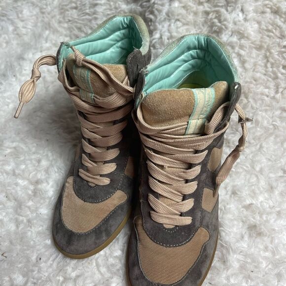 Sam Edelman leather suede gray & mint green &fabric tan lace up wedge bo… - Picture 8 of 14